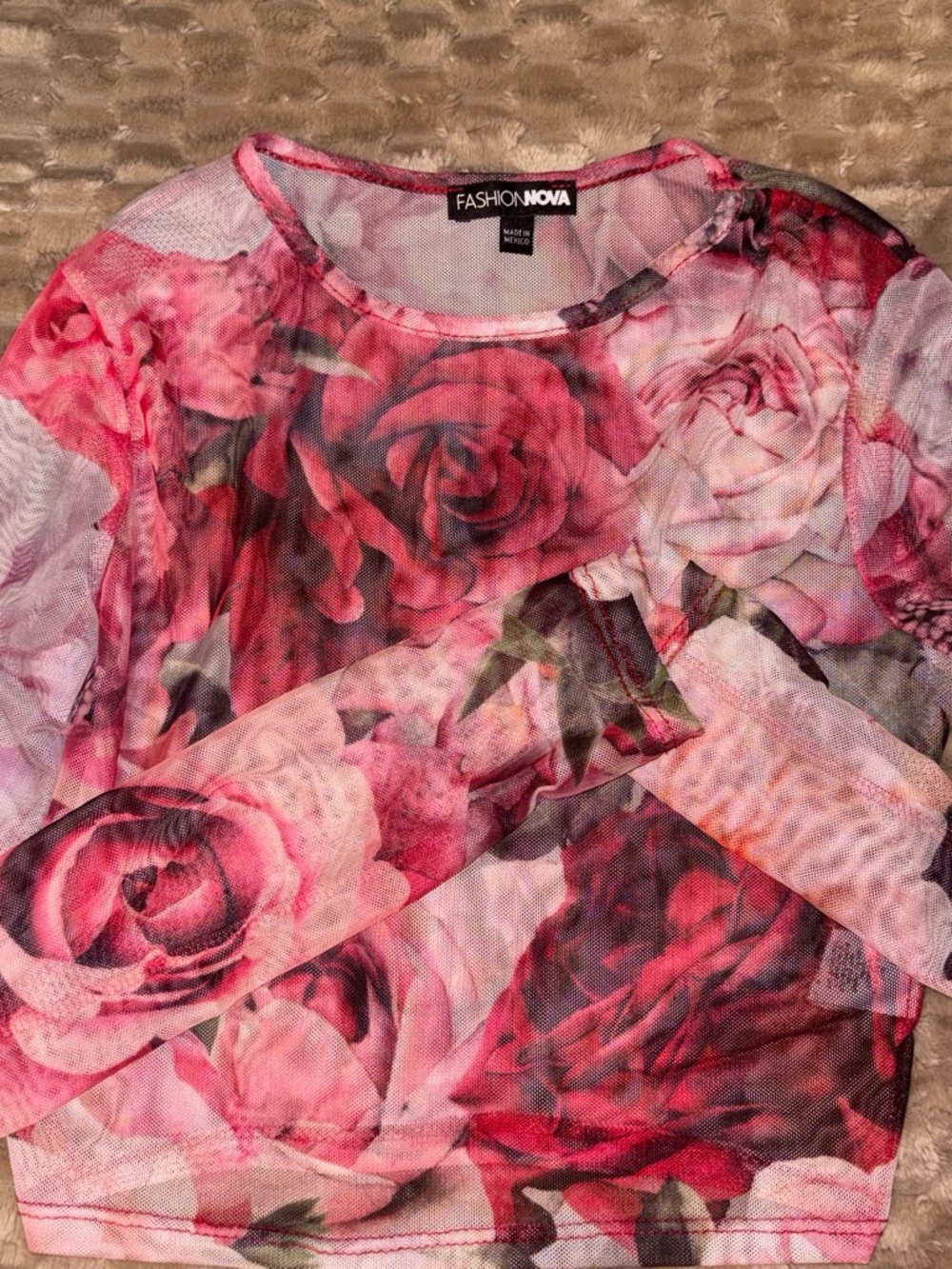 Fashion Nova Pink Red Rose Print Long Sleeve Mesh Top